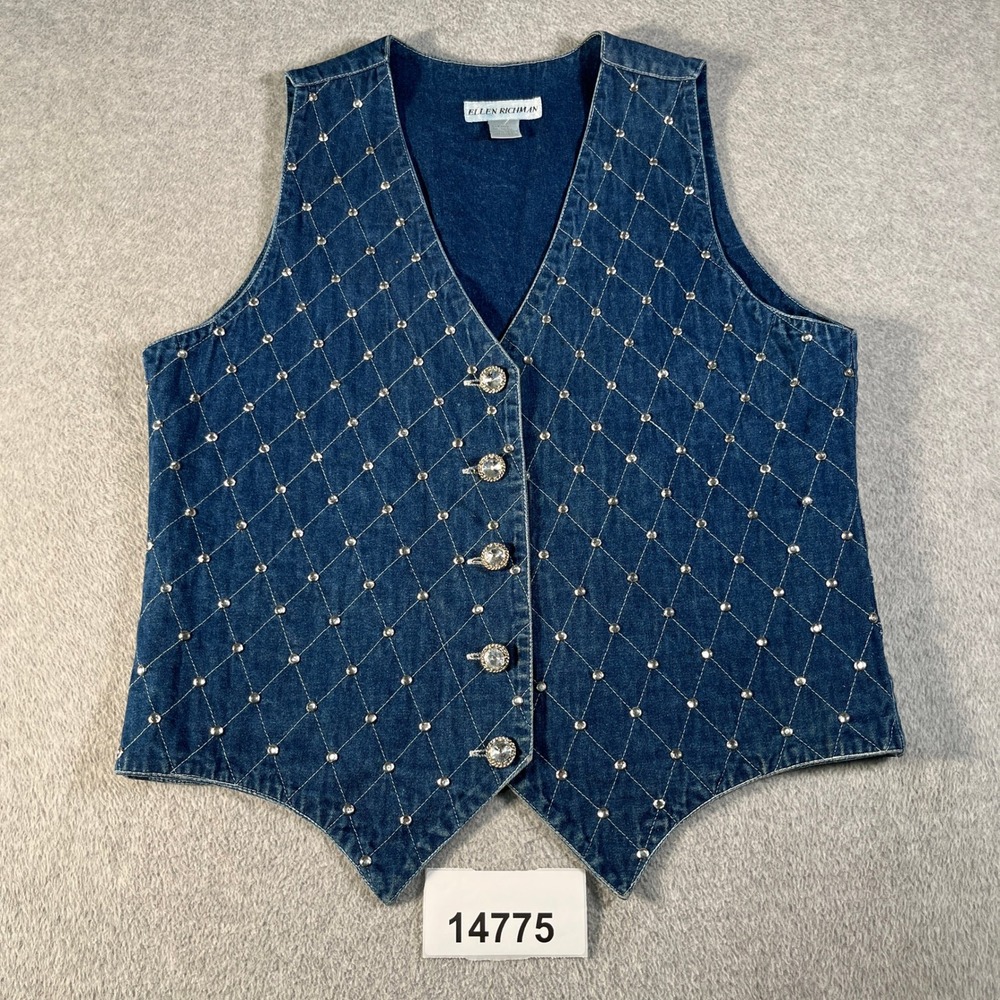 Ellen Richman Vest Women Large Blue Denim Cotton Quilted Rhinestone Button Front